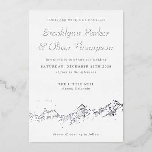 Abstract Mountain Silver on White Wedding Foil Invitation