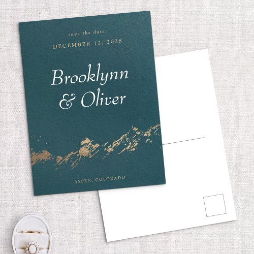 Abstract Mountains Dark Green  Gold Save the Date Announcement Postcard