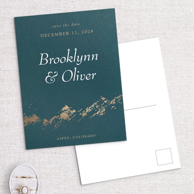 Abstract Mountains Dark Green & Gold Save the Date Announcement Postcard (Creator Uploaded)