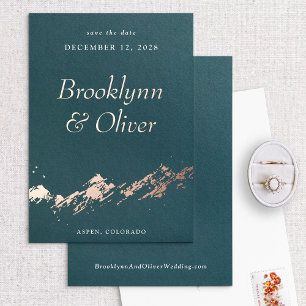 Abstract Mountains Dark Green & Gold Save the Date Foil Invitation
