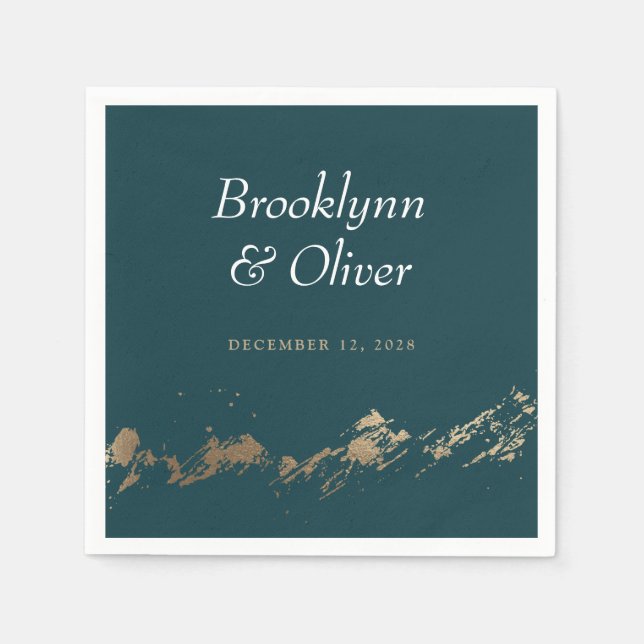 Abstract Mountains Dark Green & Gold Save the Date Napkins (Front)
