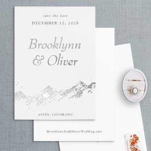 Abstract Mountains White & Silver Save the Date Foil Invitation