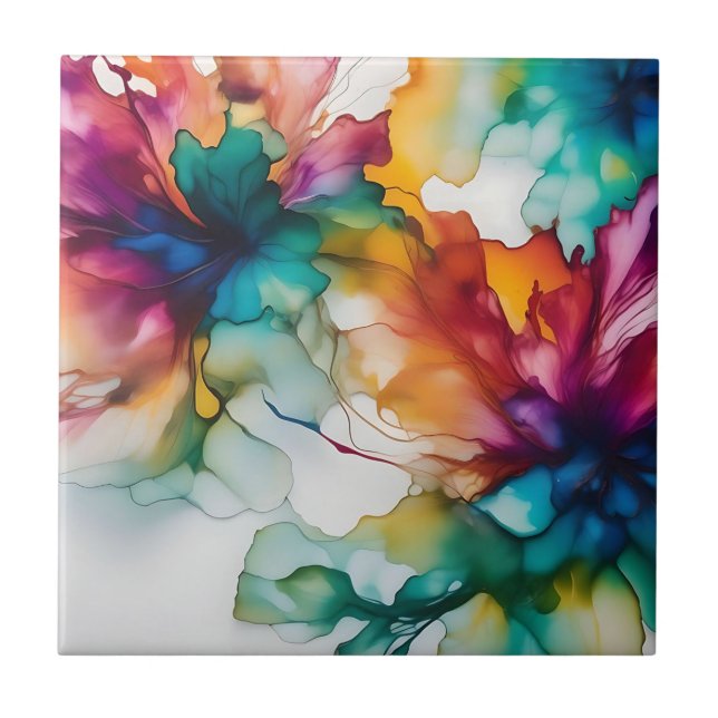 Abstract Movement Vibrant Alcohol Ink Ceramic Tile (Front)