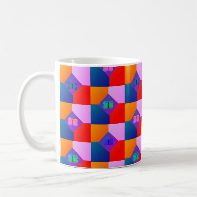 Abstract Multicolor Checkered Pattern Butterflies Coffee Mug (Left)