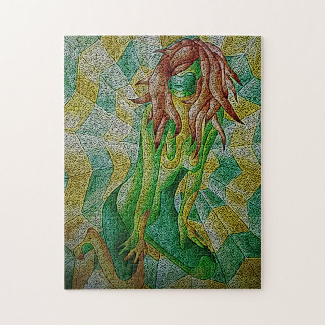 abstract multicolored green posing lady retro jigsaw puzzle (Vertical)