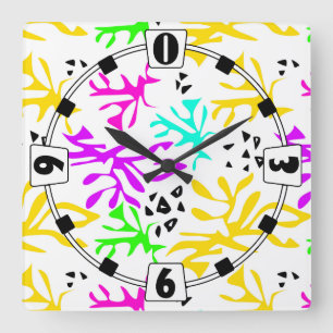 Abstract multicolored neon pattern square wall clock