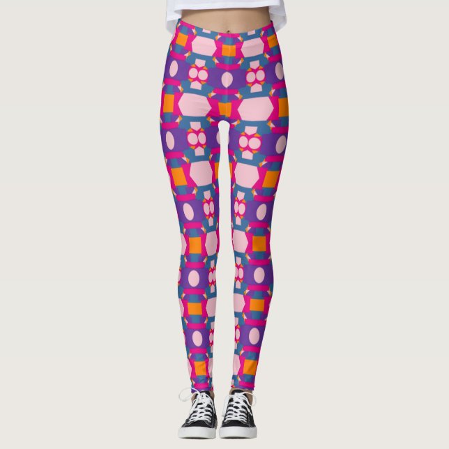 Abstract Multicolored Pattern with Pink Geometry Leggings (Front)