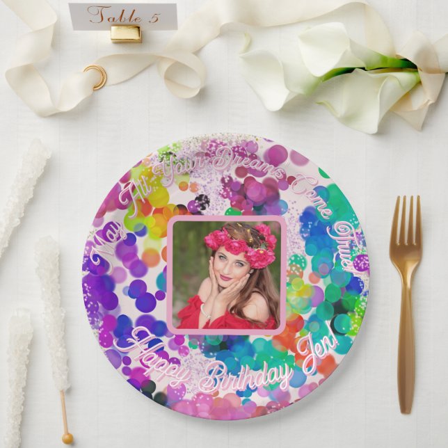 Abstract Multicolour Happy Birthday Bokeh Photo Paper Plates (Wedding)