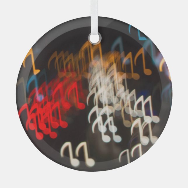 Abstract music notes: lights bokeh background glass ornament (Front)