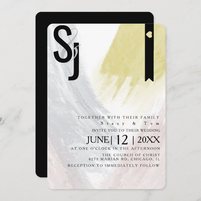 Abstract Mustard Blush Brush Strokes Wedding Suite Invitation (Front/Back)