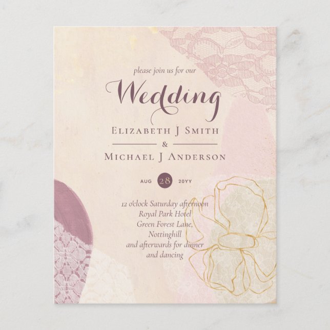 Abstract Mustard Lace Merlot Wedding Invite Budget (Front)