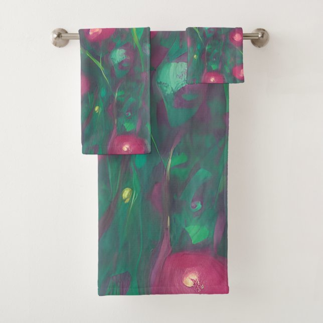 Abstract muted red roses bath towel set (Insitu)