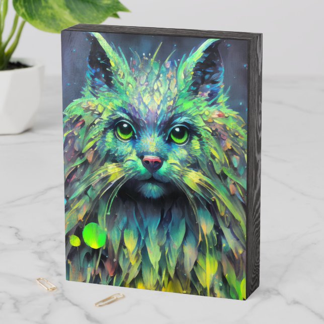 Abstract Mystical Cat Fantasy Art Wooden Box Sign (In Situ Vertical)