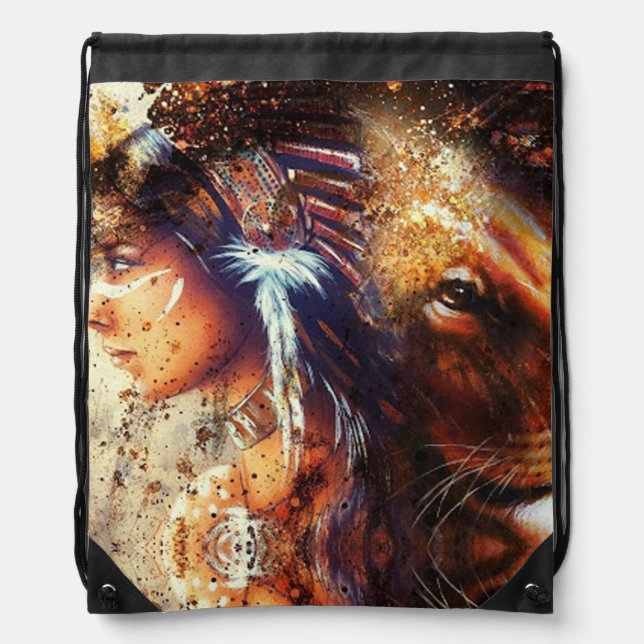 Abstract Native Princess and Tiger Drawstring Bag (Front)