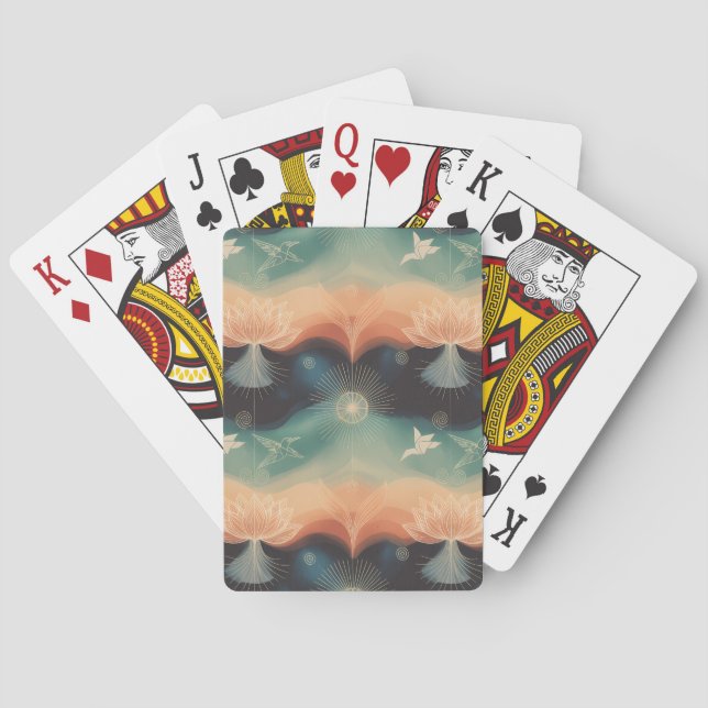 Abstract Nature: Minimalist Lotus & Bird Design Poker Cards (Back)