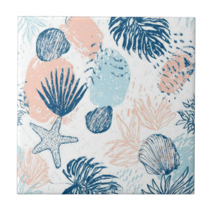 Abstract Nautical Beach Blue Peach Distressed (1) Ceramic Tile