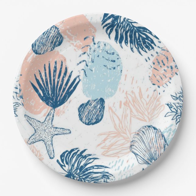 Abstract Nautical Beach Blue Peach Distressed (1) Paper Plates (Front)