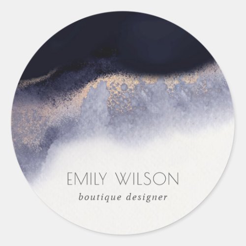 Abstract Navy Black Gold Foil Watercolor Wash Classic Round Sticker