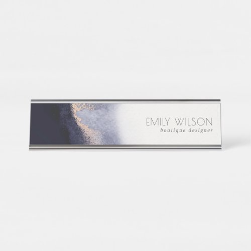 Abstract Navy Black Gold Foil Watercolor Wash Desk Name Plate