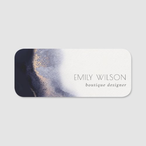 Abstract Navy Black Gold Foil Watercolor Wash Name Tag