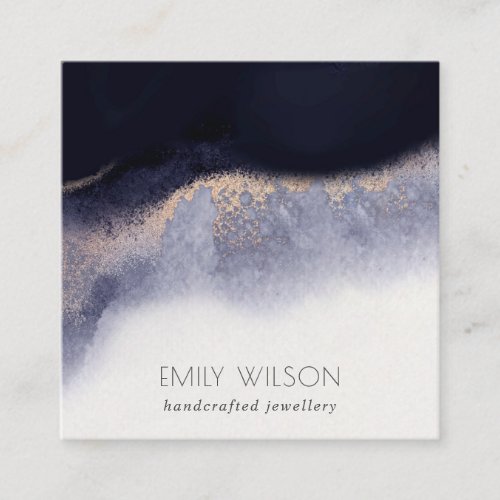Abstract Navy Black Gold Foil Watercolor Wash Square Business Card