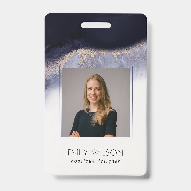 Abstract Navy Black Gold Watercolor Wash Photo Badge (Front)