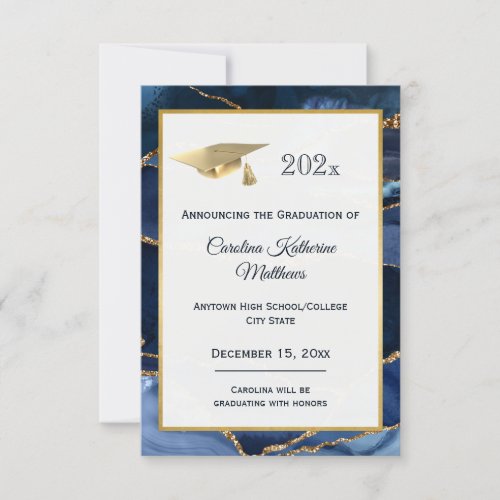 Abstract Navy Blue Agate Gold Cap Graduation Announcement