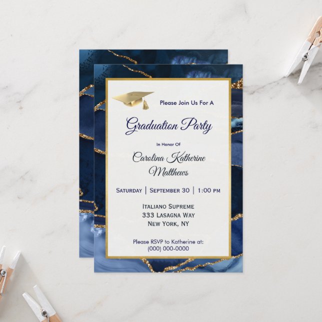 Abstract Navy Blue Agate Gold Cap Graduation Invitation (Front/Back In Situ)
