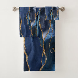 Abstract Navy Blue Agate Watercolor Bath Towel Set