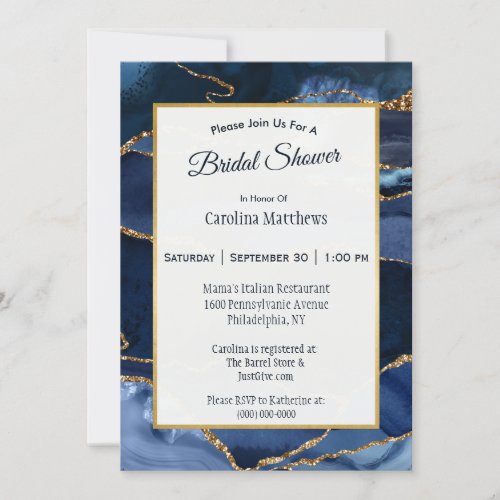 Abstract Navy Blue Agate Watercolor Bridal Shower Invitation