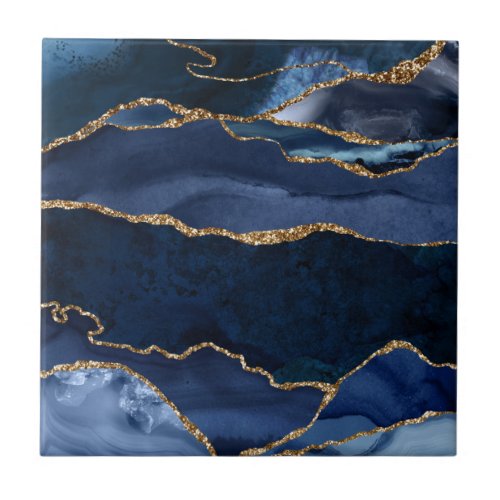 Abstract Navy Blue Agate Watercolor Ceramic Tile