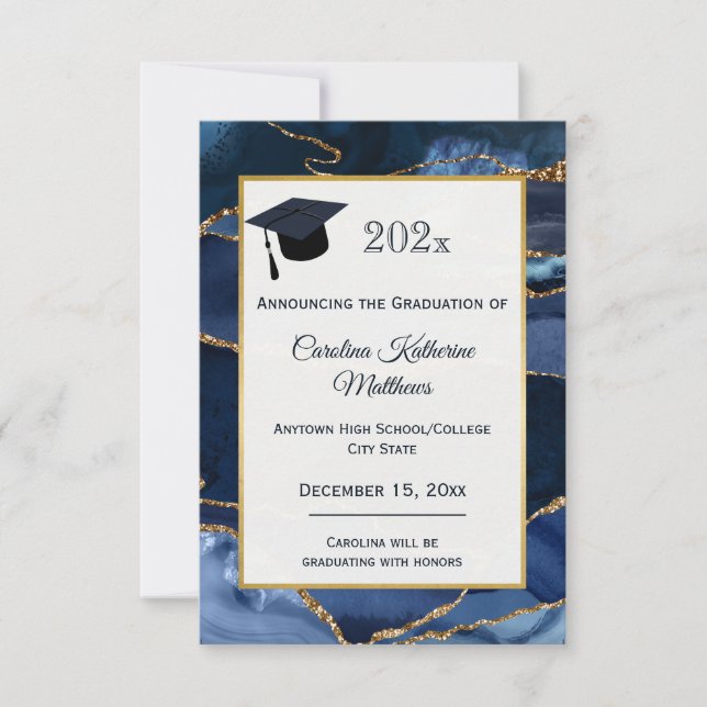 Abstract Navy Blue Agate Watercolor Graduation Announcement (Front)