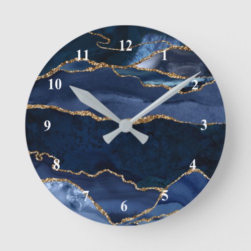 Abstract Navy Blue Agate Watercolor Round Clock