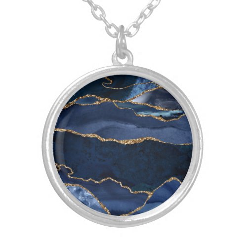 Abstract Navy Blue Agate Watercolor Watercolor Silver Plated Necklace