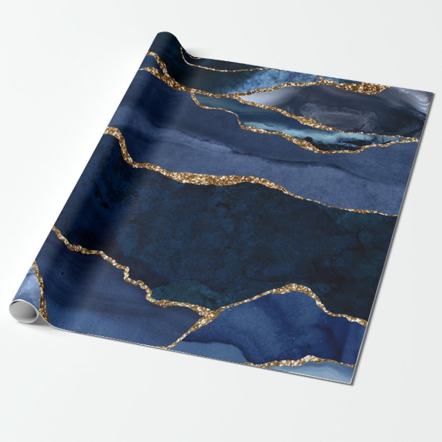 Abstract Navy Blue Agate Watercolor Wrapping Paper (Unrolled)
