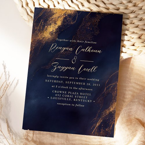 Abstract Navy Blue And Gold Calligraphy Wedding Invitation