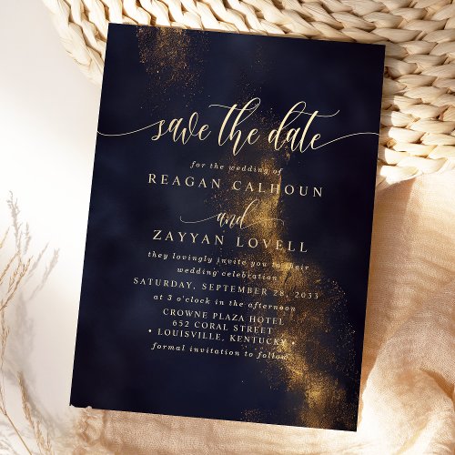 Abstract Navy Blue And Gold Modern Save The Date Invitation