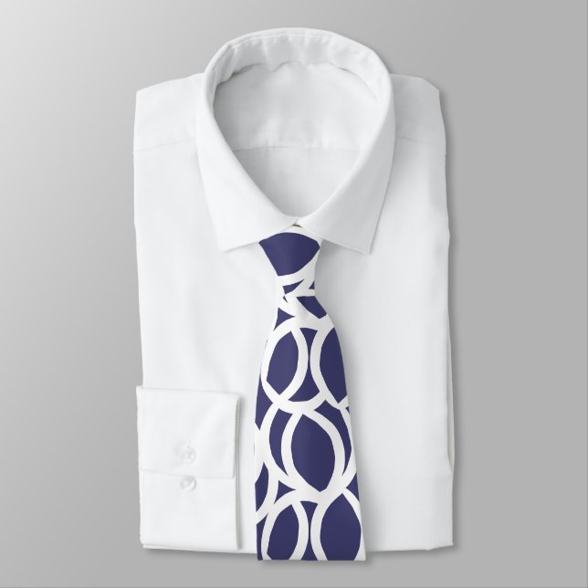 Abstract Navy Blue and White Line Pattern Neck Tie (Tied)