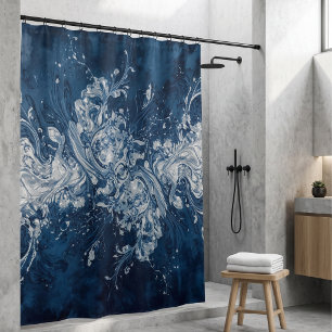 Abstract Navy Blue and White Marble Fluid Art Shower Curtain