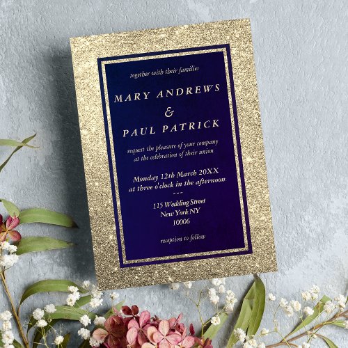 Abstract navy blue faux gold glitter Wedding Invitation