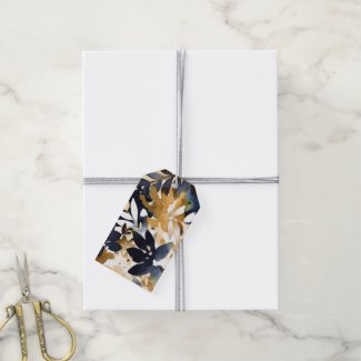 Abstract Navy Blue Flowers & Tan Leaves