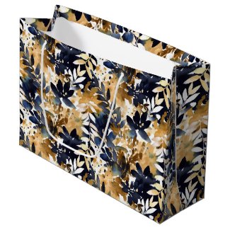 Abstract Navy Blue Flowers & Tan Leaves