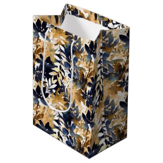 Abstract Navy Blue Flowers & Tan Leaves