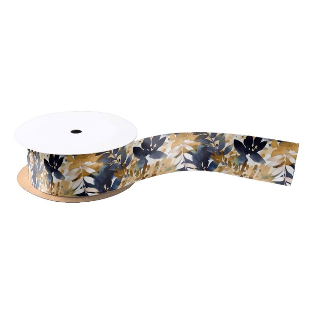 Abstract Navy Blue Flowers & Tan Leaves Satin Ribbon (Spool)