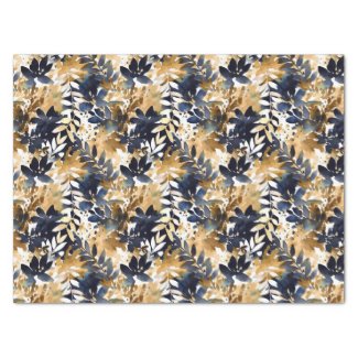 Abstract Navy Blue Flowers & Tan Leaves