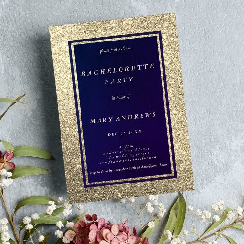 Abstract navy blue gold glitter Bachelorette Party Invitation