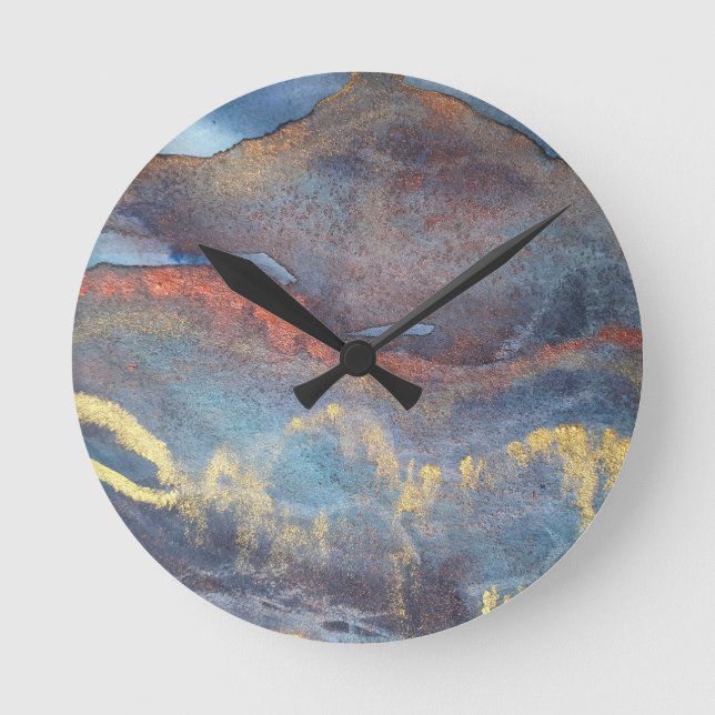  Abstract Navy Blue Gold Watercolor Elegant Modern Round Clock (Front)