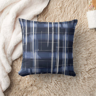 Abstract Navy Blue Plaid Checker Pattern Horizonal Throw Pillow