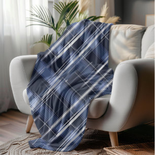 Abstract Navy Blue Plaid Checkered Pattern Fleece Blanket