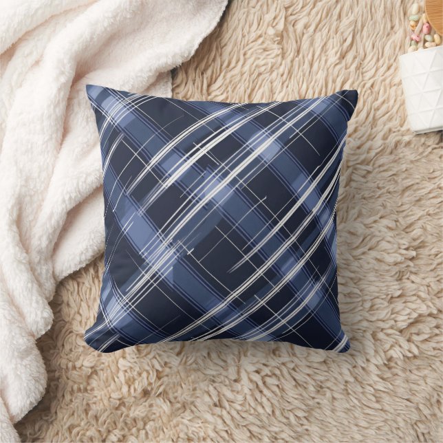 Abstract Navy Blue Plaid Checkered Pattern  Throw Pillow (Blanket)